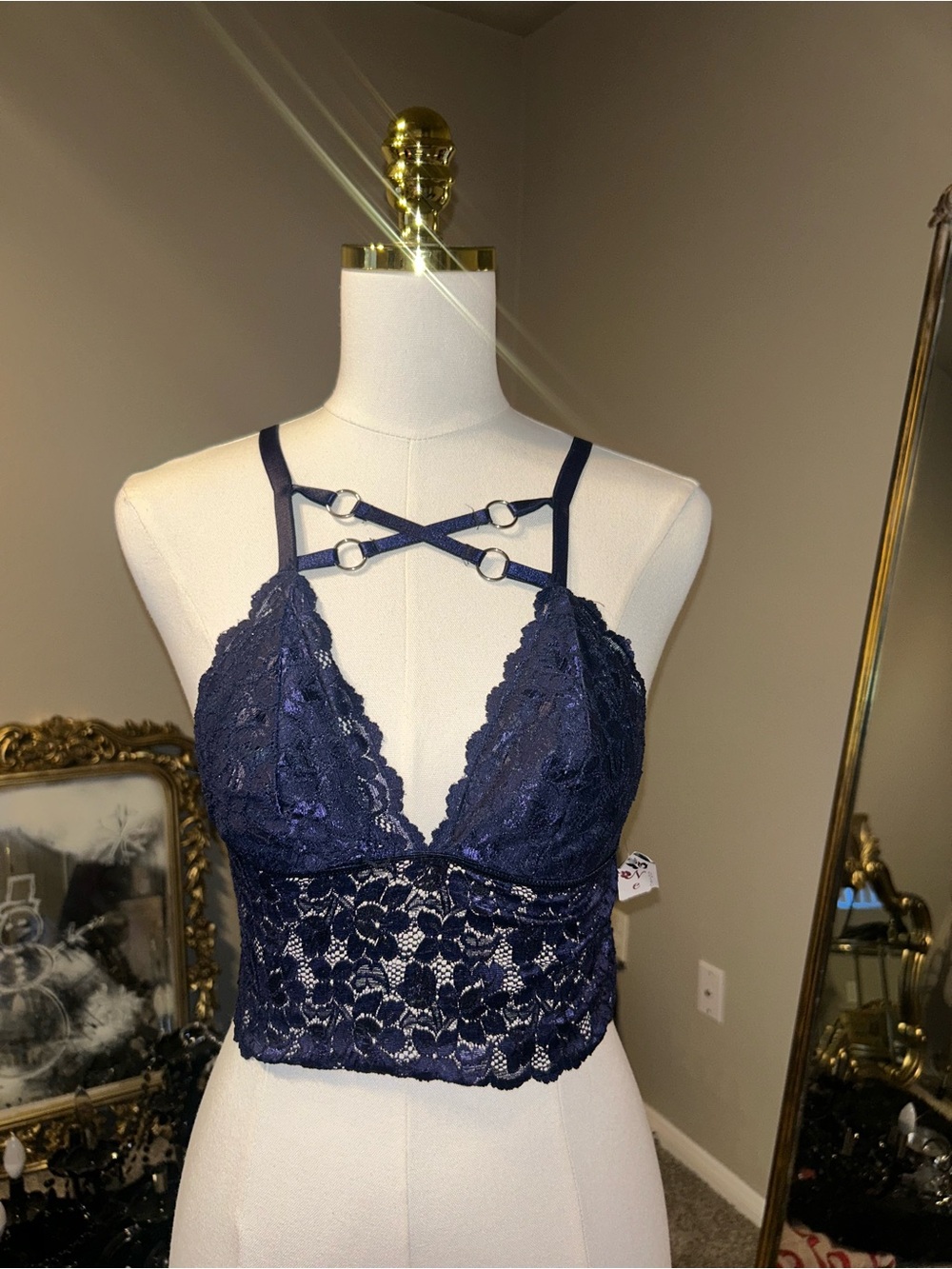 Lace Strappy Bralette Crop Top - Navy